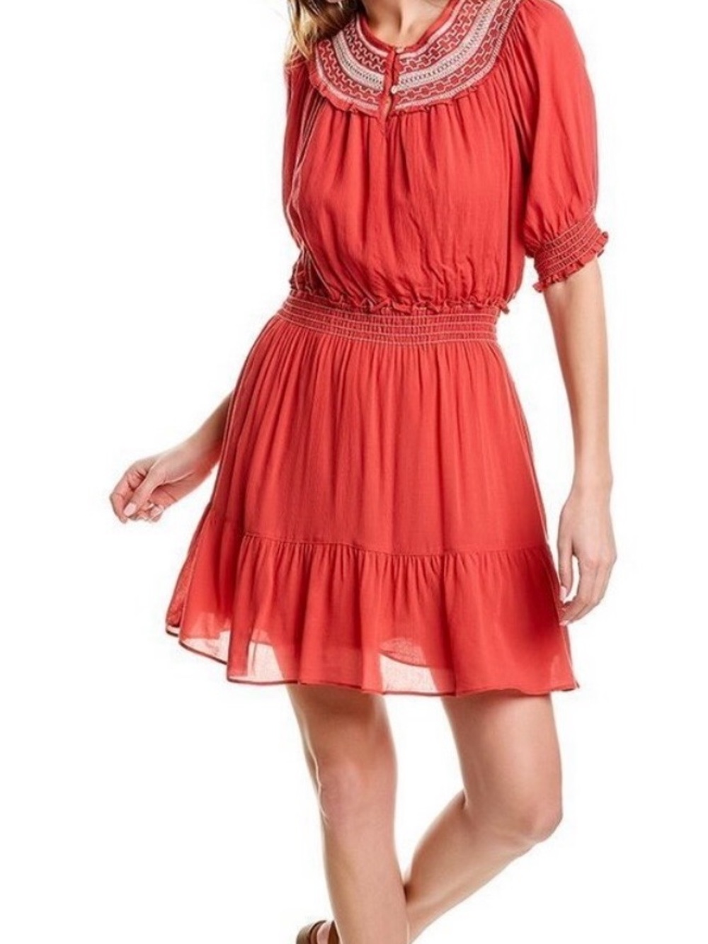 Max Studio Coral Red Smocked-Waist Tiered Dress